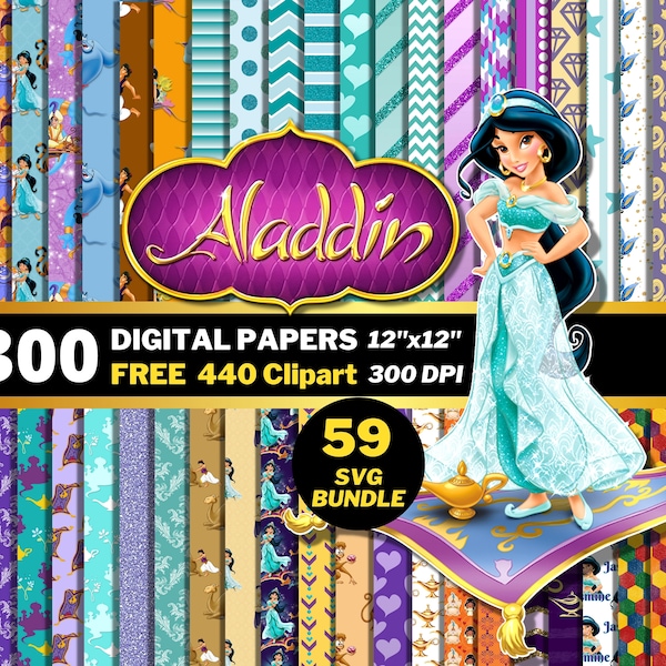 Aladdin Jasmine Digital Papers, Jasmine Clipart PNG & SVG, Princess Jasmine Pattern Designs, Wrapping Papers, Jasmine Seamless Patterns