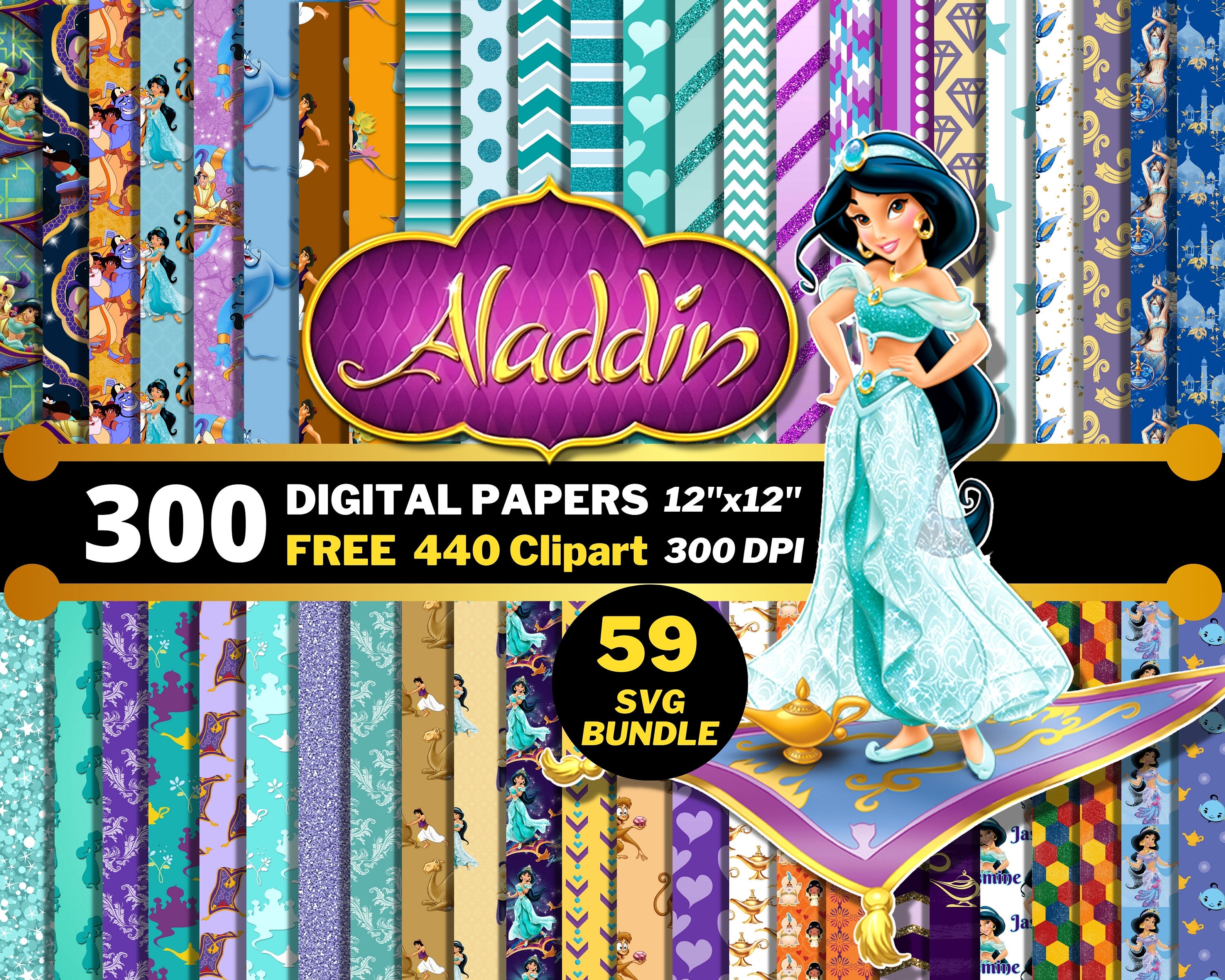 Aladdin Jasmine Digital Papers, Jasmine Clipart PNG & SVG