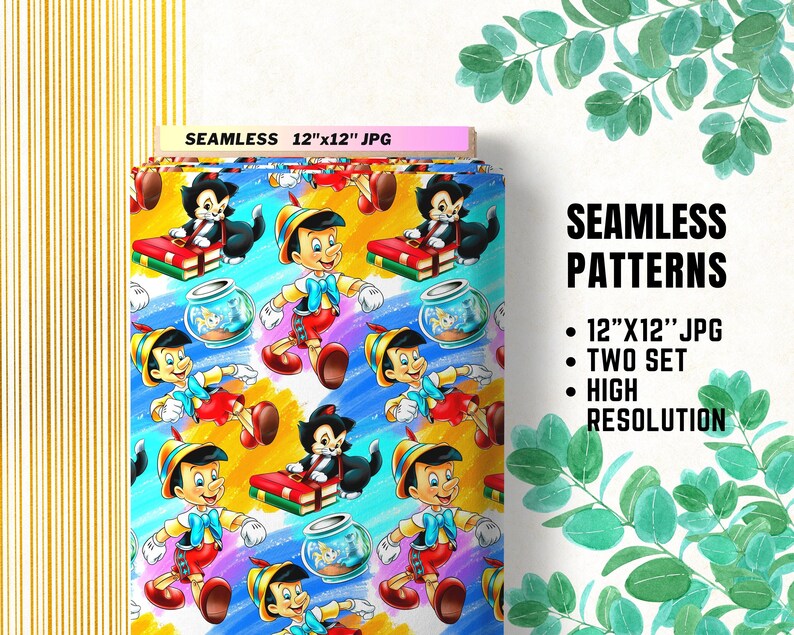 Pinocchio Seamless Papers, Figaro Jiminy Cricket Digital Papers ...