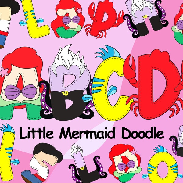 Little Mermaid Doodle Alphabet, Mermaid Doodle Letters, Princess Alphabet PNG Letters, Underwater Alphabet PNG, Sublimation Font Designs