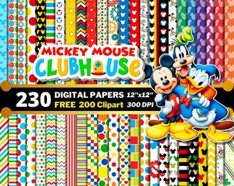 Papeles digitales de Mickey Clubhouse, imágenes prediseñadas de Mickey PNG, tema de fiesta de Mickey, amigos del ratón, Goofy, papeles de regalo, patrones de Clubhouse