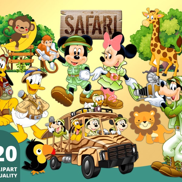 Mickey Safari Clipart PNG, Safari Mickey PNG, Jungle Mickey Stickers, Mickey Friends, Mickey Cake Topper, Safari Jungle Animals