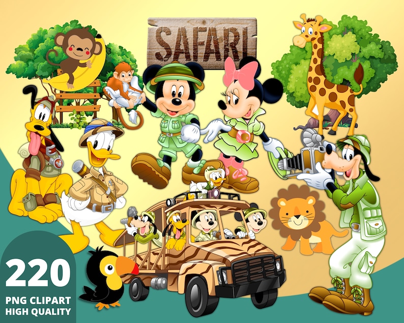 Op de afbeelding: Een set van 10 cartoon safari-dierenfiguren, waaronder Mickey Mouse, Minnie Mouse, Goofy, Donald Duck en Pluto. De figuren zijn gekleed in safari-outfits en houden verschillende attributen vast, zoals een camera, een verrekijker en een safarihoed. De figuren staan voor een jeep met een safari-bord waarop "SAFARI" staat.