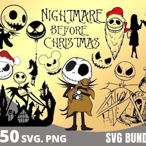 K&ouml;nnte beinhalten: Ein Set mit 250 SVG- und PNG-Dateien mit Charakteren aus dem Film Nightmare Before Christmas. Die Bilder zeigen Jack Skellington, Sally, Zero und den Weihnachtsmann. Der Text "Nightmare Before Christmas" ist ebenfalls im Bild enthalten.