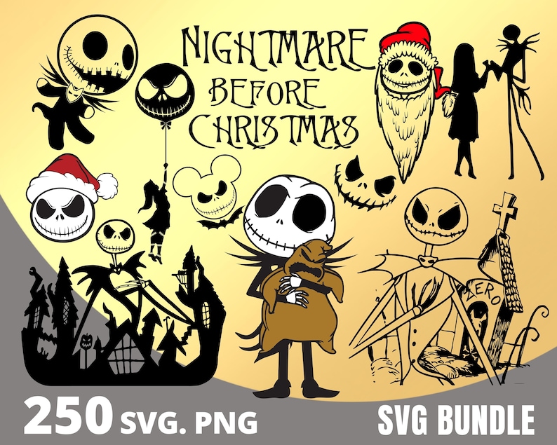 K&ouml;nnte beinhalten: Ein Set mit 250 SVG- und PNG-Dateien mit Charakteren aus dem Film Nightmare Before Christmas. Die Bilder zeigen Jack Skellington, Sally, Zero und den Weihnachtsmann. Der Text "Nightmare Before Christmas" ist ebenfalls im Bild enthalten.