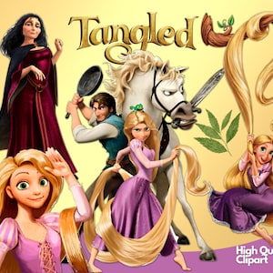 May include: A digital illustration of characters from the Disney movie Tangled. The image features Rapunzel, Flynn Rider, Mother Gothel, and Maximus the horse. The characters are depicted in a colorful and whimsical style, with Rapunzel's long golden hair flowing in the wind. The text "Tangled" is displayed in a stylized font at the top of the image.