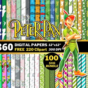 May include: A digital paper pack featuring 360 colorful patterns inspired by Peter Pan. The pack includes 220 clipart images and 100 SVG files. The images are 12 inches by 12 inches and 300 DPI.