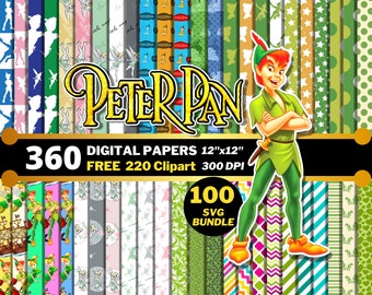 Peter Pan Digital Papers, Clipart PNG & SVG Bundle, Captain Hook, Tinker Bell, Themed Pirates Magic Land, Peter Pan Seamless Patterns