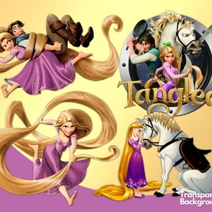 May include: A digital illustration of Rapunzel from the Disney movie Tangled. She is shown in three different scenes with her long blonde hair. In one scene, she is holding her hair and smiling. In another scene, she is riding a white horse. In the third scene, she is being held by a man with her hair wrapped around him.