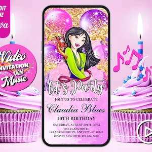 Princess Mulan Birthday Video Invitation, Mulan Video Evites, Princess Balloon, Editable Template, Any Age, DIY Musical Video Evites