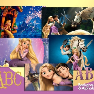 May include: A collage of images featuring Rapunzel and Flynn Rider from the Disney movie Tangled. The images include scenes from the movie, such as Rapunzel letting down her hair from the tower, Flynn and Rapunzel riding a horse, and Flynn and Rapunzel fighting with a frying pan and a sword. The collage also includes the letters "ABC" in gold glitter.