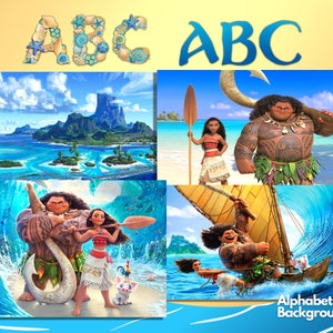 May include: A collage of four images featuring characters from the animated movie Moana. The first image shows a tropical island with a blue ocean. The second image shows a man and a woman standing on a beach. The third image shows a man and a woman standing in a wave. The fourth image shows a man and a woman in a boat.
