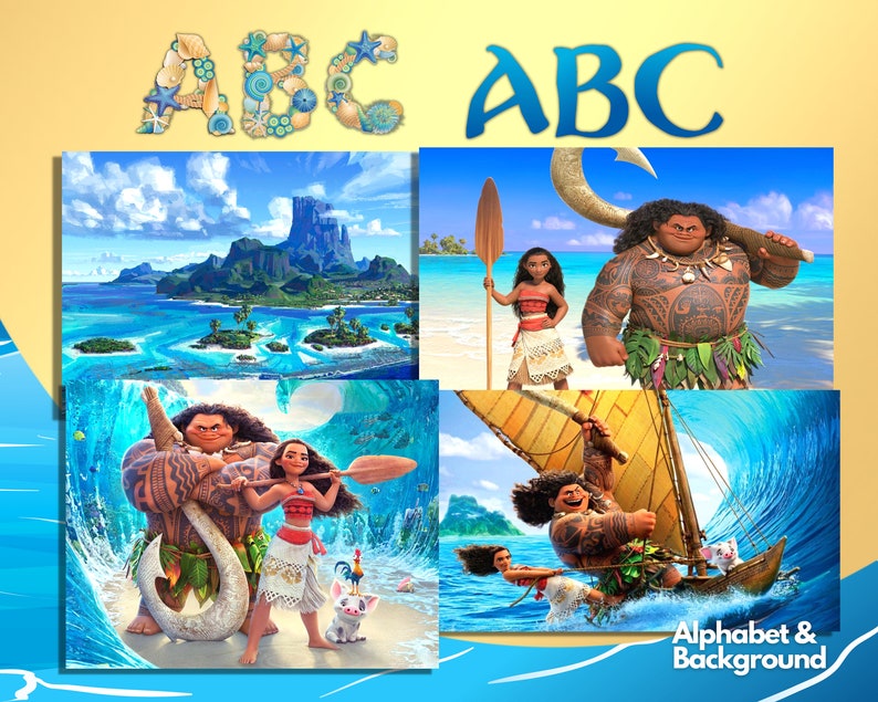 May include: A collage of four images featuring characters from the animated movie Moana. The first image shows a tropical island with a blue ocean. The second image shows a man and a woman standing on a beach. The third image shows a man and a woman standing in a wave. The fourth image shows a man and a woman in a boat.
