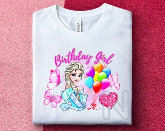 Sublimación Frozen Elsa PNG, Camisa de cumpleañera, Camisa de fiesta Elsa de mariposas, Sublimación princesa congelada