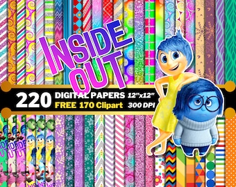 May include: A set of 220 digital papers and 170 clipart images featuring characters from the movie Inside Out. The papers are 12 inches by 12 inches and 300 DPI. The characters Joy and Sadness are featured prominently in the image.