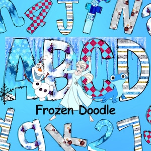 Frozen Doodle Alphabet, Frozen Character Alphabet, Princess Frozen Elsa Olaf, Doodle Letters, Alphabet Letters, Sublimation Fonts