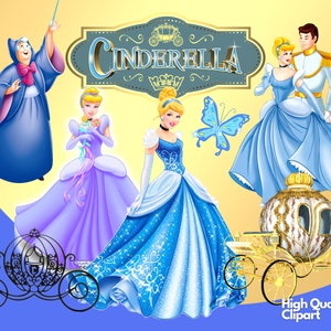 K&ouml;nnte beinhalten: Eine digitale Illustration mit Cinderella-Charakteren. Cinderella wird in verschiedenen Posen dargestellt und tr&auml;gt blaue und lila Kleider. Eine goldene Kutsche, ein Schmetterling und die gute Fee sind ebenfalls abgebildet. Der Text "Cinderella" wird angezeigt.