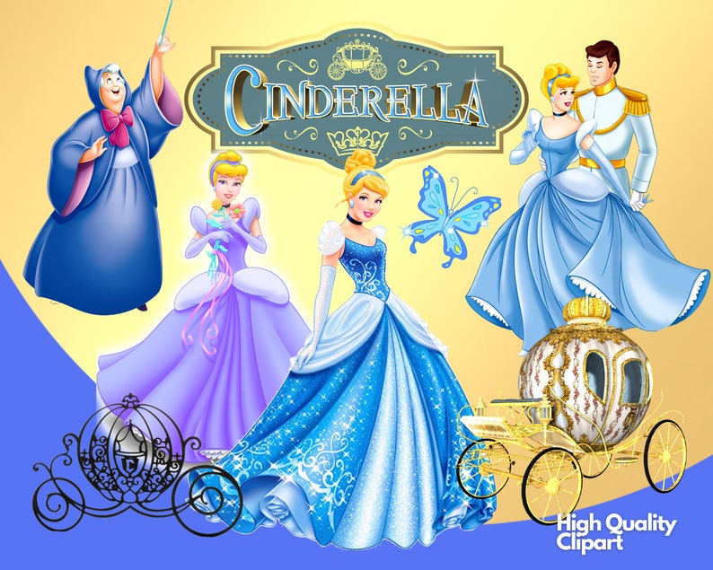 K&ouml;nnte beinhalten: Eine digitale Illustration mit Cinderella-Charakteren. Cinderella wird in verschiedenen Posen dargestellt und tr&auml;gt blaue und lila Kleider. Eine goldene Kutsche, ein Schmetterling und die gute Fee sind ebenfalls abgebildet. Der Text "Cinderella" wird angezeigt.