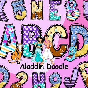 May include: A set of colorful alphabet letters with a patchwork design featuring characters from the movie Aladdin. The letters are outlined in black and have a stitched look. The letters spell out "K5NE8UABCD02H9JR" and the text "Aladdin Doodle" is below the letters.