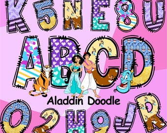 May include: A set of colorful alphabet letters with a patchwork design featuring characters from the movie Aladdin. The letters are outlined in black and have a stitched look. The letters spell out "K5NE8UABCD02H9JR" and the text "Aladdin Doodle" is below the letters.