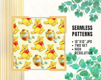 Winnie the Pooh Seamless Papers, Winnie Bear Digital Papers, Birthday Gift Wrapping, Winnie Pooh Fabric Patterns