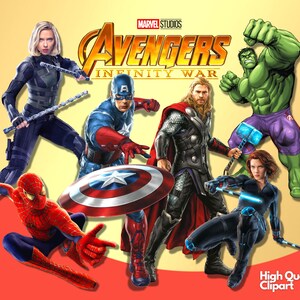 May include: A group of superheroes from the Avengers: Infinity War movie. The characters include Captain America, Iron Man, Thor, Hulk, Black Widow, and Spider-Man. The image is a digital illustration.