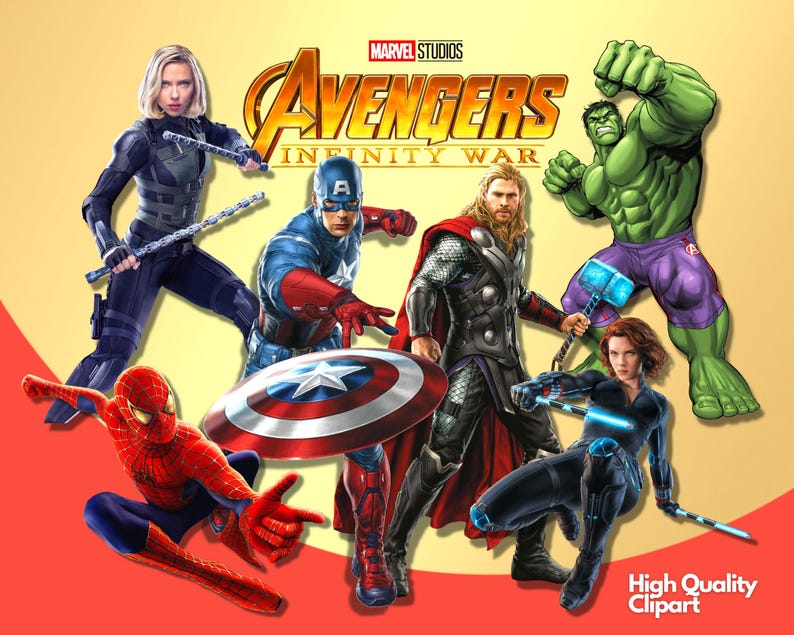 May include: A group of superheroes from the Avengers: Infinity War movie. The characters include Captain America, Iron Man, Thor, Hulk, Black Widow, and Spider-Man. The image is a digital illustration.