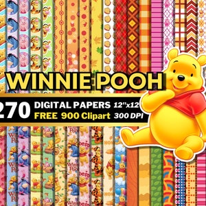 Winnie the Pooh Digital Papers, Winnie Pooh Clipart PNG, Winnie Bear Backgrounds, Seamless Patterns, Bear Digital Papers