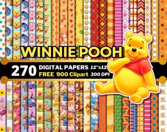 May include: A digital paper pack featuring Winnie the Pooh and his friends. The pack includes 270 digital papers and 900 clipart images, all in 12 inch by 12 inch size and 300 DPI resolution.
