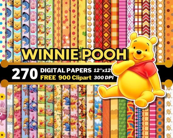 Winnie the Pooh Digital Papers, Winnie Pooh Clipart PNG, Winnie Bear Backgrounds, Seamless Patterns, Bear Digital Papers