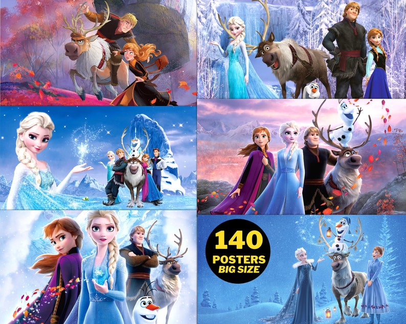 Op de afbeelding: Een collage van vier afbeeldingen met personages uit de animatiefilm Frozen. De afbeeldingen tonen Elsa, Anna, Kristoff, Olaf, Sven en andere personages in verschillende wintersc&egrave;nes. De tekst "140 Posters Big Size" wordt weergegeven in geel op een zwarte achtergrond.