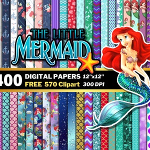 Carta digitale Little Mermaid, Clipart Little Mermaid PNG, Festa di compleanno di Ariel, Carta da regalo, Modelli senza cuciture di Princess Mermaid