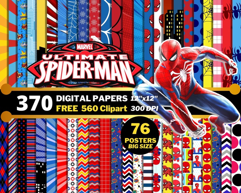 Spider-Man Digital Papers, Superhero Spiderman Clipart PNG, Birthday Wrapping Papers, Marvel Avengers Spiderman Seamless Patterns image 1
