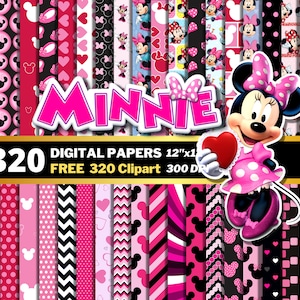 Papeles digitales rosados de Minnie Mouse, clipart PNG de Minnie Mouse, papeles para envolver regalos, patrones sin costuras de Minnie Mouse