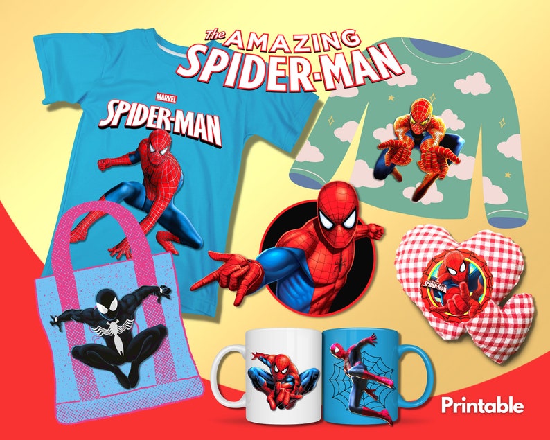 K&ouml;nnte beinhalten: Ein Set bedruckbarer Spider-Man-Artikel, darunter ein blaues T-Shirt, ein gr&uuml;ner Pullover, eine rosa Tragetasche, ein herzf&ouml;rmiges Kissen und zwei Tassen. Das T-Shirt und der Pullover zeigen das Marvel-Logo und die Worte "Spider-Man". Die Tragetasche zeigt einen schwarzen Spider-Man mit einem schwarz-wei&szlig;en Design. Das Kissen zeigt einen roten Spider-Man mit einem rot-wei&szlig; karierten Hintergrund. Die Tassen zeigen einen roten Spider-Man auf einer wei&szlig;en Tasse und einen blauen Spider-Man auf einer blauen Tasse.