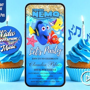May include: A blue and orange Finding Nemo themed birthday invitation with a video icon and music notes. The invitation says "Let's Party" and includes the text "Join us to celebrate Claudia Blues 10th Birthday". The invitation also includes the date, time, location, and RSVP information.