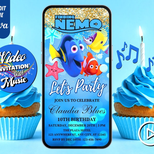 Finding Nemo Birthday Video Invitation, Fish Nemo Birthday Evites, Nemo Clownfish Editable Template, Any Age, DIY Musical Video Evites