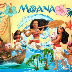 May include: A digital clipart image set featuring characters from the animated film Moana. The set includes Moana, Maui, Pua the pig, Hei Hei the rooster, and a starfish. The characters are set against a background of blue water and palm trees. The text "Moana" is featured in the image.