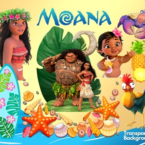 May include: A colorful illustration featuring characters from the animated film Moana. The image includes Moana, Maui, Pua the pig, Hei Hei the rooster, and a crab. The background is a beach scene with seashells, starfish, and a surfboard.