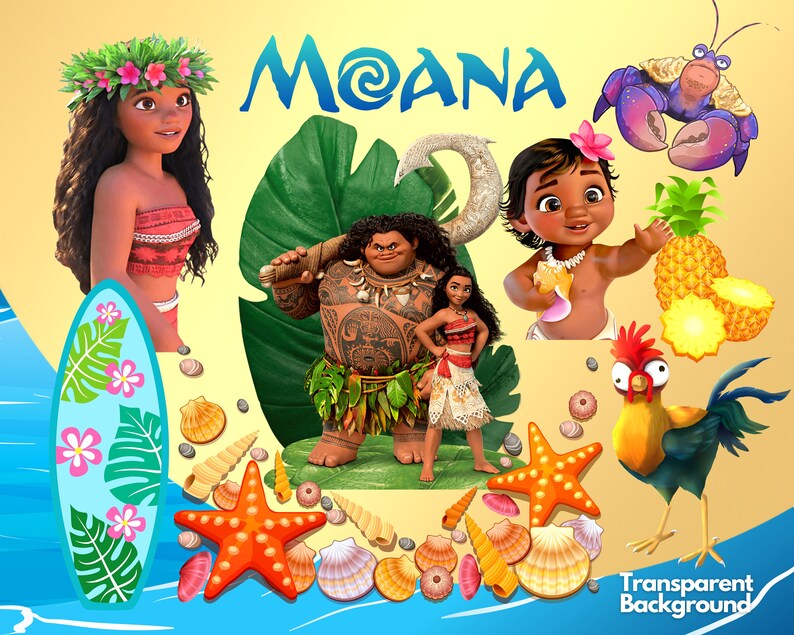 May include: A colorful illustration featuring characters from the animated film Moana. The image includes Moana, Maui, Pua the pig, Hei Hei the rooster, and a crab. The background is a beach scene with seashells, starfish, and a surfboard.