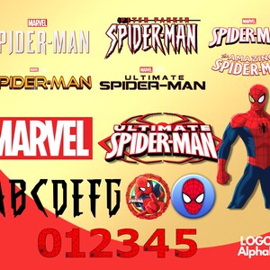 K&ouml;nnte beinhalten: Eine Sammlung von Spider-Man-Logos und -Bildern, darunter das Marvel-Logo, das Ultimate Spider-Man-Logo und das Amazing Spider-Man-Logo. Das Bild enth&auml;lt auch ein Cartoon-Bild von Spider-Man in seinem rot-blauen Anzug. Der Text "ABCDEFG" und "012345" ist ebenfalls im Bild enthalten.