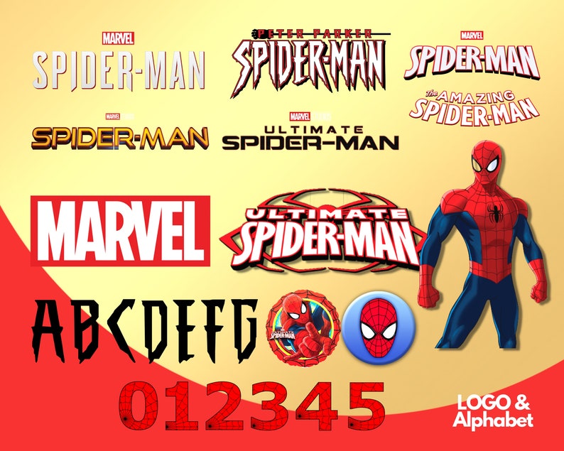 K&ouml;nnte beinhalten: Eine Sammlung von Spider-Man-Logos und -Bildern, darunter das Marvel-Logo, das Ultimate Spider-Man-Logo und das Amazing Spider-Man-Logo. Das Bild enth&auml;lt auch ein Cartoon-Bild von Spider-Man in seinem rot-blauen Anzug. Der Text "ABCDEFG" und "012345" ist ebenfalls im Bild enthalten.