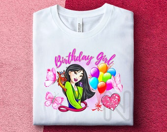 Sublimación princesa Mulan PNG, camisa de cumpleañera, camisa princesa Mulan, diseños de sublimación de globos