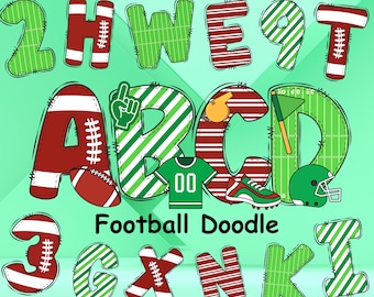 Alfabeto de fútbol con garabatos, imágenes prediseñadas de fútbol PNG, letras de fútbol, fútbol de moda, diseños de sublimación de fuentes de fútbol