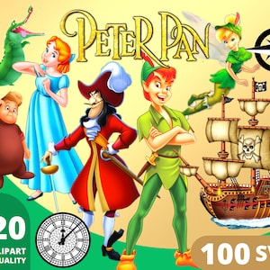 May include: A digital illustration of characters from the Peter Pan story. The characters include Peter Pan, Captain Hook, Tinkerbell, Wendy Darling, and a crocodile. The illustration also includes a pirate ship and a compass.