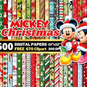 Könnte beinhalten: Ein Set mit 600 digitalen Papieren mit Mickey Mouse und Minnie Mouse in weihnachtlichen Designs. Die Papiere sind 30,5 cm x 30,5 cm groß und haben eine Auflösung von 300 DPI. Außerdem sind 670 kostenlose Cliparts enthalten.