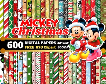 ミッキークリスマスデジタルペーパー、ミッキークリスマスクリップアートPNG、ミッキーマウス、クリスマスパーティーデコレーション、クリスマスミッキーシームレスパターン
