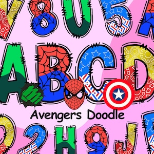 Alfabeto de garabatos de los Vengadores de Marvel, Spider-Man, Capitán América, Hulk, letras de los Vengadores, diseños del alfabeto de Marvel