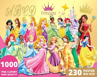 Op de afbeelding: Een verzameling van 16 Disney-prinsessen, waaronder Sneeuwwitje, Assepoester, Ariel, Belle en meer. De prinsessen zijn afgebeeld in hun iconische jurken en zijn omringd door glitter en sterren. De tekst "Princess" staat in gouden letters bovenaan de afbeelding. De afbeelding is perfect voor een Disney-themafeest of knutselproject.