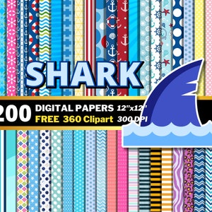 Haifisch Familie Digitale Papiere, Kleiner Hai Clipart PNG, Hai Geburtstag Designs, Hai Partydekoration, Hai Papiermuster